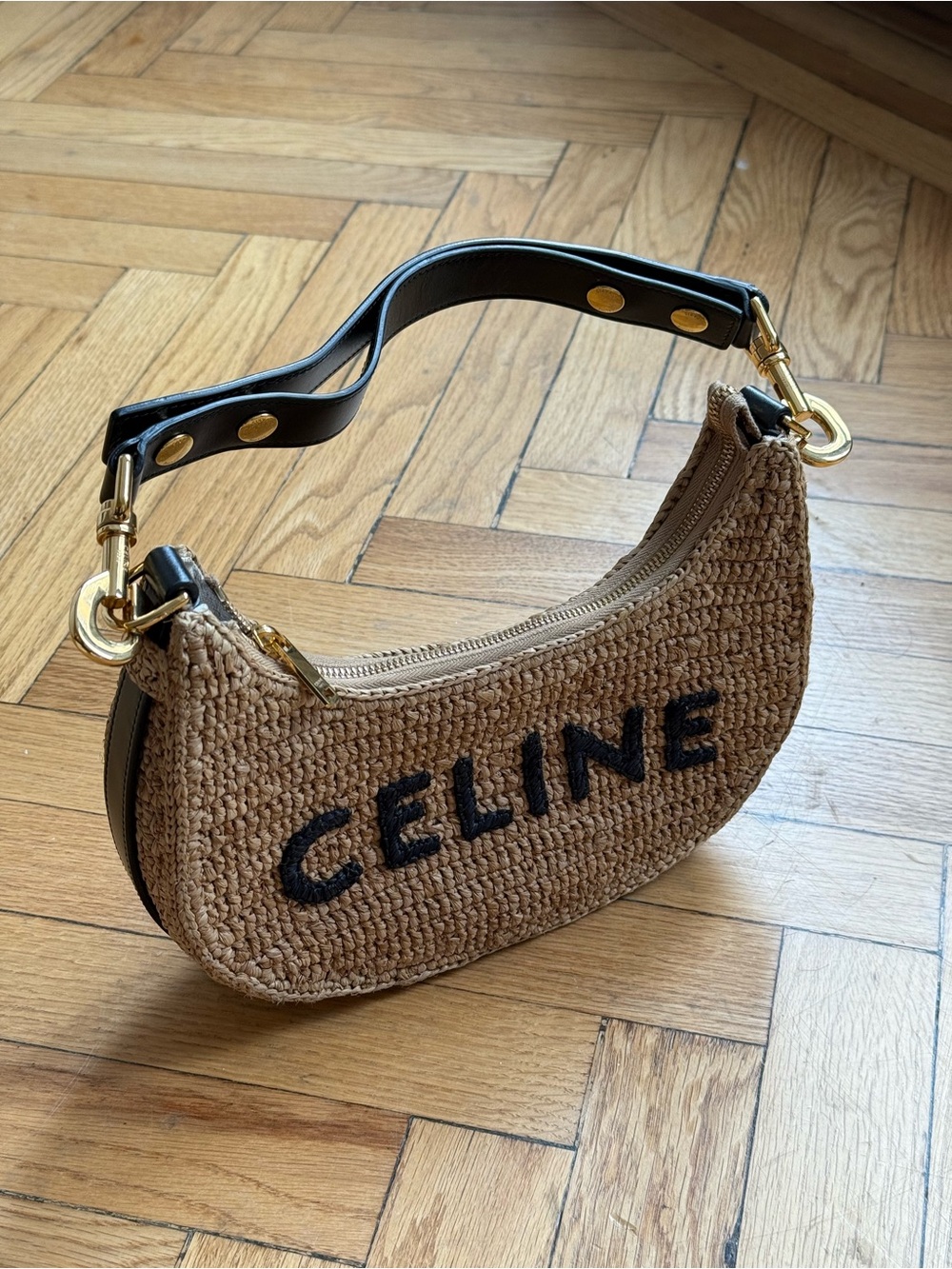 Celine Tan Crochet Mini Shoulder Bag with Black Logo & Strap